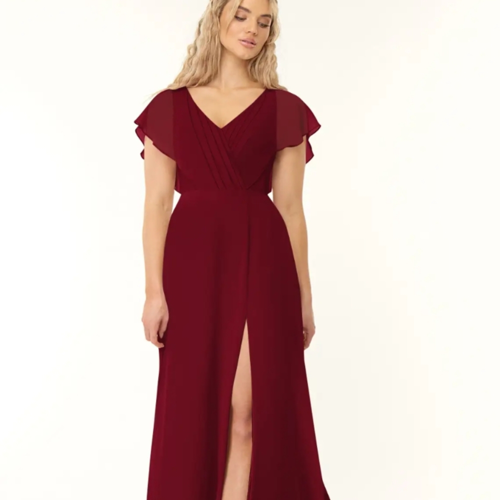 Azazie Gown V-neck Flutter Sleeve Wedding Guest In BURGUNDY